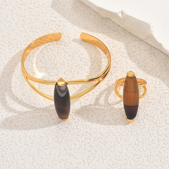 Наборы из овального натурального агата: браслет-манжета и кольца для женщин, комплекты ювелирных изделий из латуни