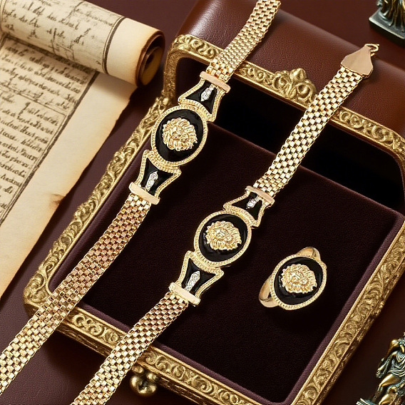 Комплекты ожерелий, браслетов и колец с эмалированным цинковым сплавом, овал с рисунком головы льва