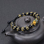 12mm Six-Word Mantra Pixiu Bracelet with Black Obsidian Beads and Glass Beads, Buddhist Prayer Gift
