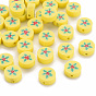 Handmade Polymer Clay Beads, Flat Round with Christmas Holly Leaves