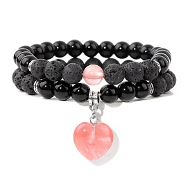 Браслеты с подвесками в виде сердца из натуральных и синтетических драгоценных камней, натуральный лавовый камень бусины эластичный браслет комплект ювелирных изделий для женщин