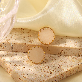 Плоские круглые серьги из натурального розового кварца, Серьги шпилька нержавеющая сталь, золотые