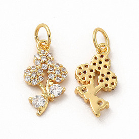 Rack Plating Brass Micro Pave Cubic Zirconia Pendants, with Jump Ring, Real 18K Gold Plated, Long-Lasting Plated, Flower Charm