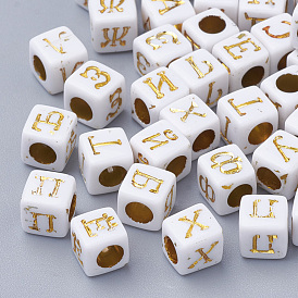 Vernickelt Acryl-Perlen, Metall umschlungen, Würfel mit russischem Alphabet