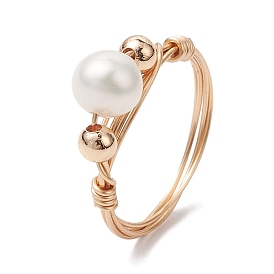 Round Natural Cultured Freshwater Pearl Finger Rings, Copper Wire Wrapped Ring for Women