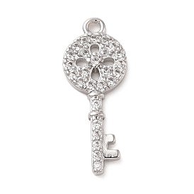 Brass Cubic Zirconia Pendents, Long-Lasting Plated, Key with Flat Round