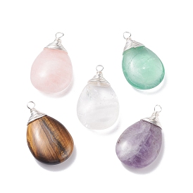 Natural Gemstone Pendants, with Silver Tone Copper Wire Wrapped, Teardrop