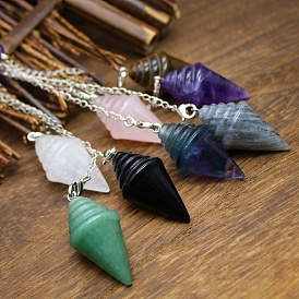 Natural & Synthetic Gemstone Dowsing Pendulum Big Pendants, Undyed, with Platinum Plated Metal Findings, Cone Charm