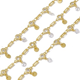 Brass Rectangle & Cubic Zirconia Flat Round Link Chains, with Flat Round Charms, with Spool, Soldered, Long-Lasting Plated, Cadmium Free & Nickel Free & Lead Free
