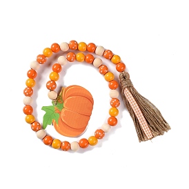 Thanksgiving Day Theme Wooden Beaded Pendant Decorations, with Jute Tassel, Pumpkin