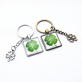 Luminous Alloy Glass Keychain, with Key Rings, Square with Clover