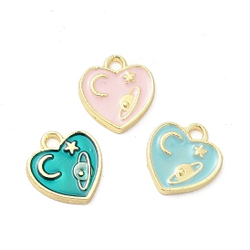 Alloy Enamel Pendants, Light Gold, Heart with Moon and Star Charm