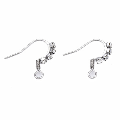 304 Stainless Steel Hooks, with Horizontal Loop and Clear Cubic Zirconia, Ear Wire