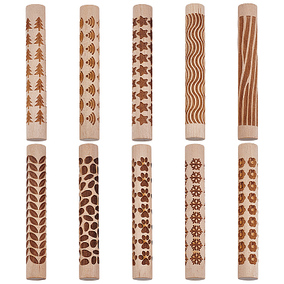 10шт. деревянная скалка с принтом цветов/деревьев/звезд, валик для выпечки рельефного печенья, кухонный инструмент