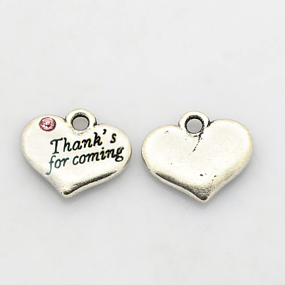 Breloques strass en alliage de style tibet, coeur avec des mots merci d'être venu, 13.5x16x3mm, Trou: 2.5mm