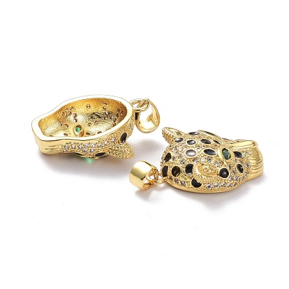 Brass Micro Pave Cubic Zirconia Pendants, with Enamel, Long-Lasting Plated, Leopard Head