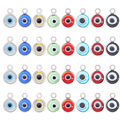 Handmade Lampwork Charms, with 304 Stainless Steel Findings, Flat Round with Evil Eye