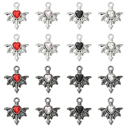 16 pcs 8 pendentifs en strass en alliage de couleurs, coeur avec des charmes de l'aile
