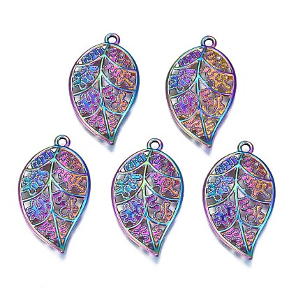 Rainbow Color Alloy Pendants, Cadmium Free & Nickel Free & Lead Free, Leaf