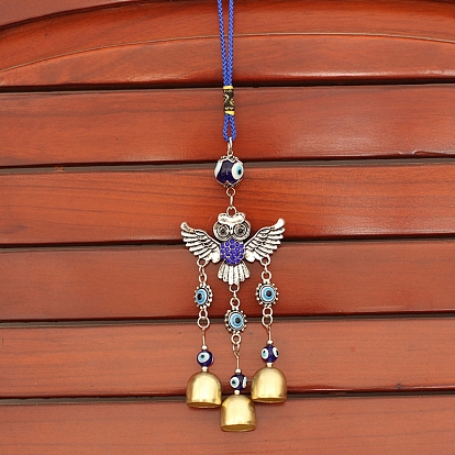 Alloy Rhinestones Owl Pendant Decorations, Blue Evil Eye and Bell Charm Car Bag Hanging Decoration