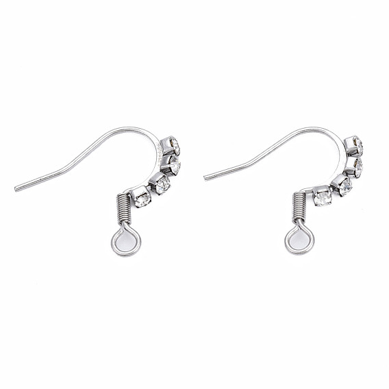 304 Stainless Steel Hooks, with Horizontal Loop and Clear Cubic Zirconia, Ear Wire