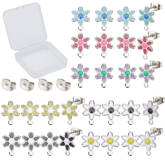28Pcs 7 Colors Flower 304 Stainless Steel Enamel Stud Earring Findings, with Loop and Ear Nuts/Earring Backs