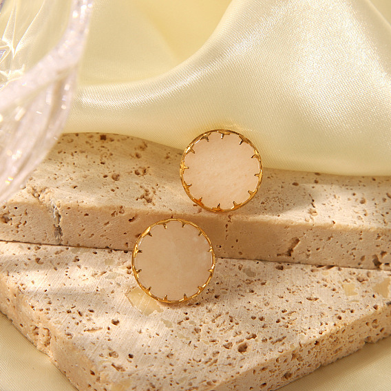 Плоские круглые серьги из натурального розового кварца, Серьги шпилька нержавеющая сталь, золотые