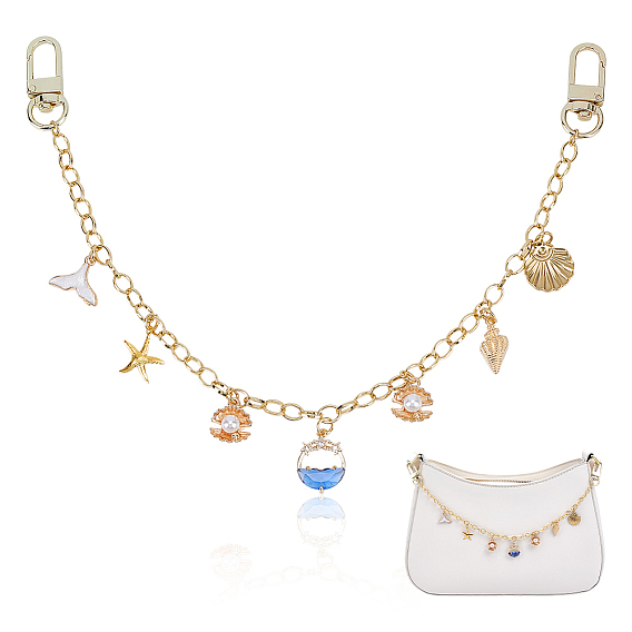 Подвеска в форме ракушки из сплава с синей эмалью на морскую тематику из латуни с декоративными цепочками, с поворотными застежками сплава