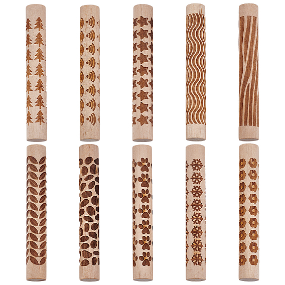 10шт. деревянная скалка с принтом цветов/деревьев/звезд, валик для выпечки рельефного печенья, кухонный инструмент