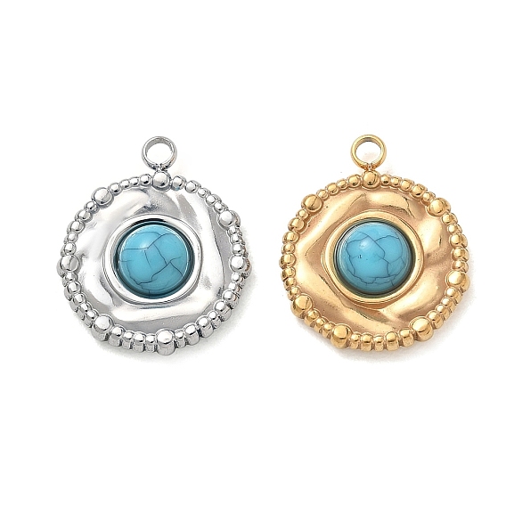 Synthetic Turquoise Pendants, 304 Stainless Steel Flat Round Bezeled Charms