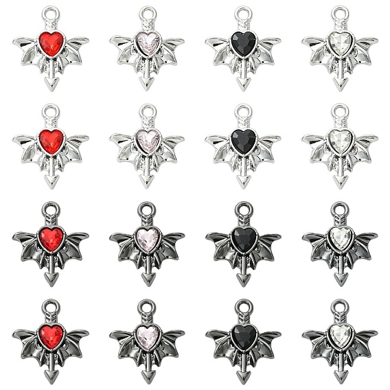 16Pcs 8 Colors Alloy Rhinestone Pendants, Heart with Wing Charms
