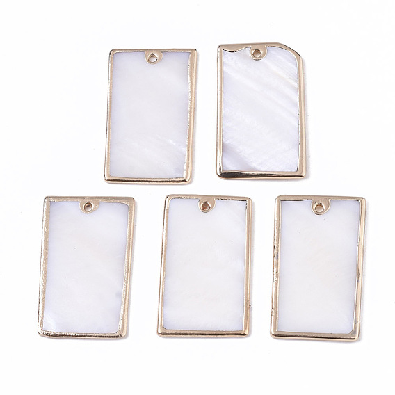 Natural Freshwater Shell Pendants, Brass Edge Golden Plated, Rectangle