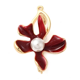 Brass with ABS Plastic Pearl Fold Over Clasps, with Dark Red Enamel, Flower