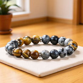 Pulseras elásticas redondas unisex de ojo de tigre natural y larvikita de 8 mm