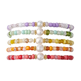 Grass Seed & Natural Pearl Beaded Stretch Bracelets for Women