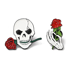 Skull/Skeleton Hand & Rose Enamel Pins, Black Zinc Alloy Brooches for Backpack Clothes, Halloween Theme