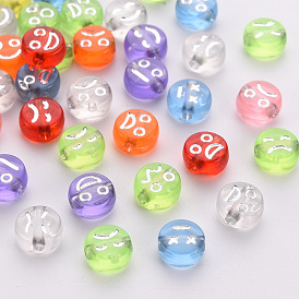 Transparent Mixed Color Acrylic Beads, Metal Enlaced, Flat Round with Mixed Expression