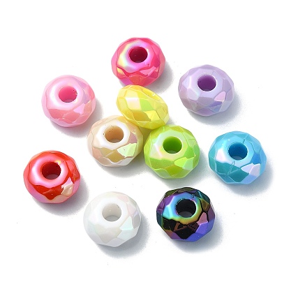 Opaque Acrylic European Beads, Large Hole Beads, AB Color, Faceted, Flat Round