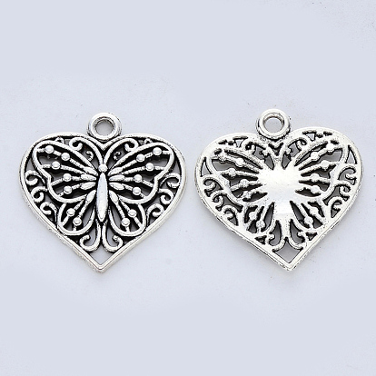 Tibetan Style Alloy Pendants, Cadmium Free & Nickel Free & Lead Free, Heart with Butterfly