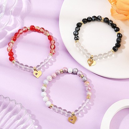 3шт. 3 цвета 304 браслеты с подвесками из нержавеющей стали, стеклянные круглые бусины эластичные браслеты для женщин, Сердце с сердцем, реальный 18 k позолоченный