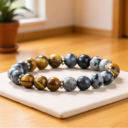 Pulseras elásticas redondas unisex de ojo de tigre natural y larvikita de 8 mm