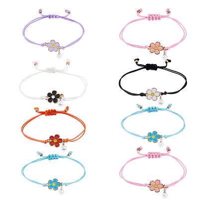 8шт 8 цвета сплав эмаль цветок звено браслеты набор, Регулируемые парные браслеты из плетеного шнура из полиэстера