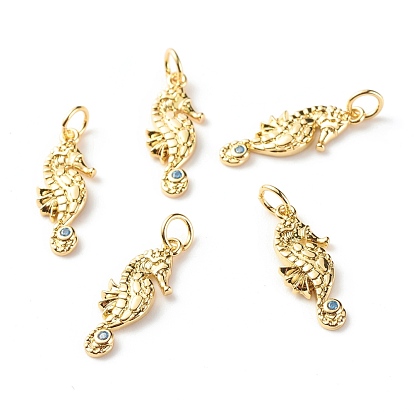 Brass Micro Pave Light Blue Cubic Zirconia Pendants, Cadmium Free & Lead Free, Sea Horse