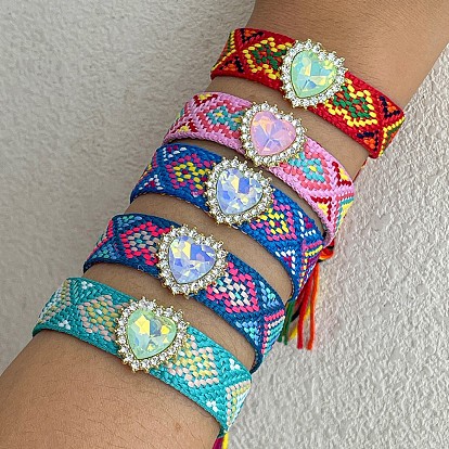 Регулируемые браслеты-слайдеры из хлопка и сплава с сердечками и стразами., браслеты макраме для женщин, с кистями