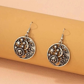 Alloy Dangle Earrings, Flat Round with Star & Moon & Sun