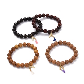 Round Natural Wood Beads Stretch Bracelet, Golden Feather & Tassel Charm Bracelet for Men Women