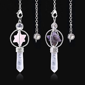 Gemstone Merkaba Star Dowsing Pendulum, with Bullet Shape Natural Quartz Crystal and Brass Cross Chains, Platinum