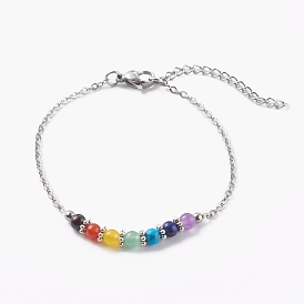 Chakra bijoux, Bracelets en pierres précieuses naturelles et synthétiques, avec 304 chaînes de câble en acier inoxydable, ronde, couleur inox