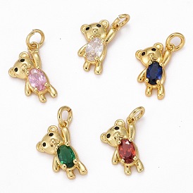 Brass Cubic Zirconia Pendants, Long-Lasting Plated, Real 18K Gold Plated, Bear