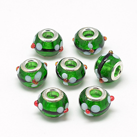 Handmade Bumpy Lampwork European Beads, with Brass Double Cores, Large Hole Beads, Rondelle, Platinum